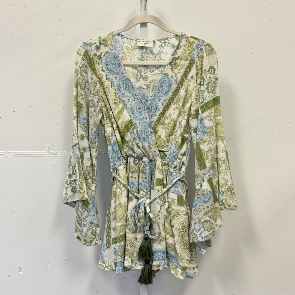 Dress Forum Los Angeles Green Blue Paisley Patchwork Romper Bell Sleeve Small